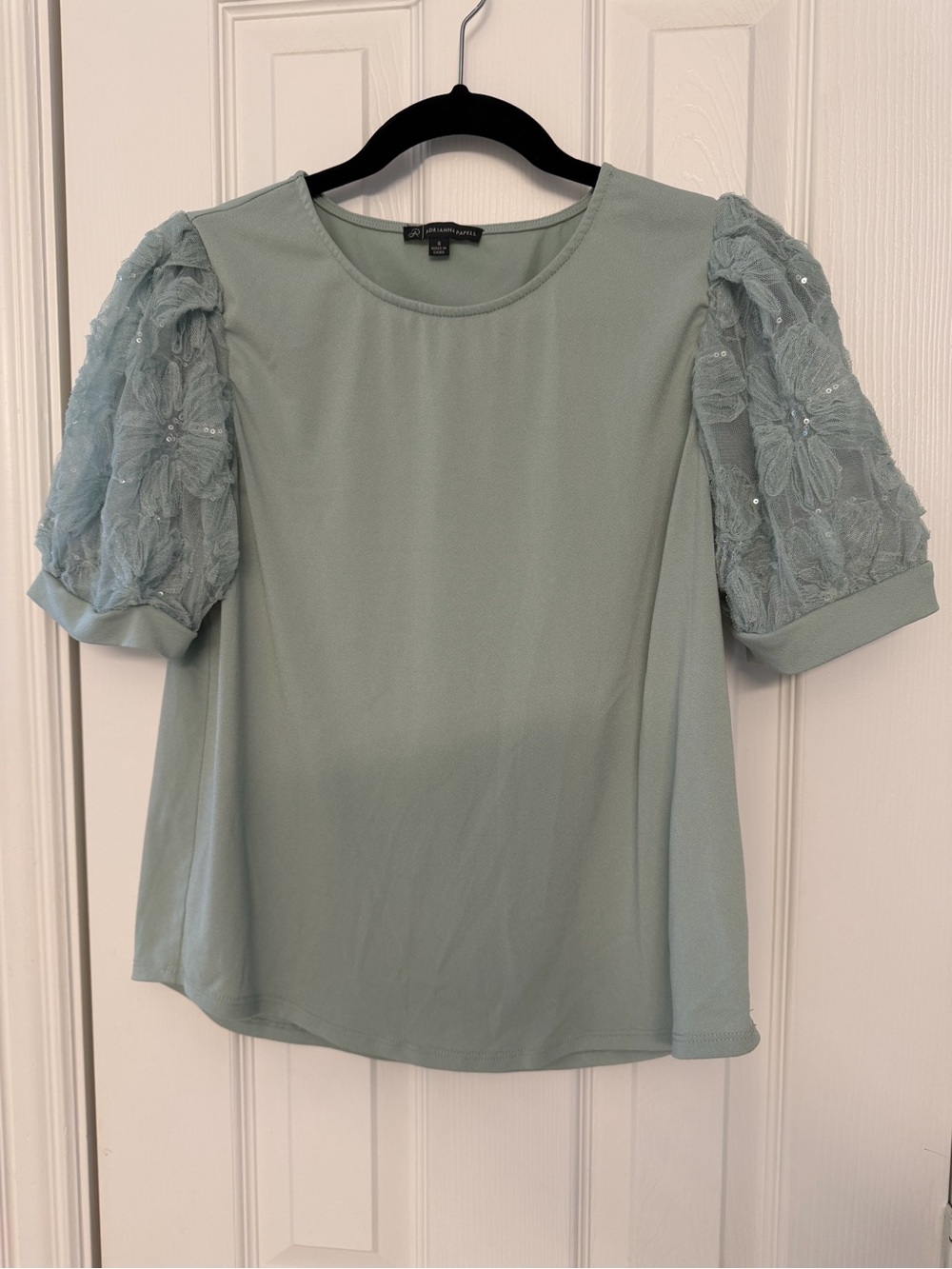 Adrianna Papell Sage Green Puff-Sleeve Lace Blouse